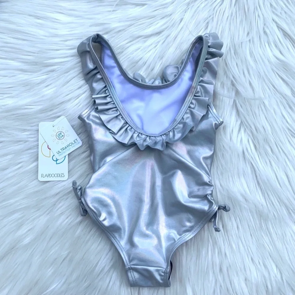 Flapdoodles Girls Mermaid Bathing Suit Metallic Silver & Pink Toddler Size 2